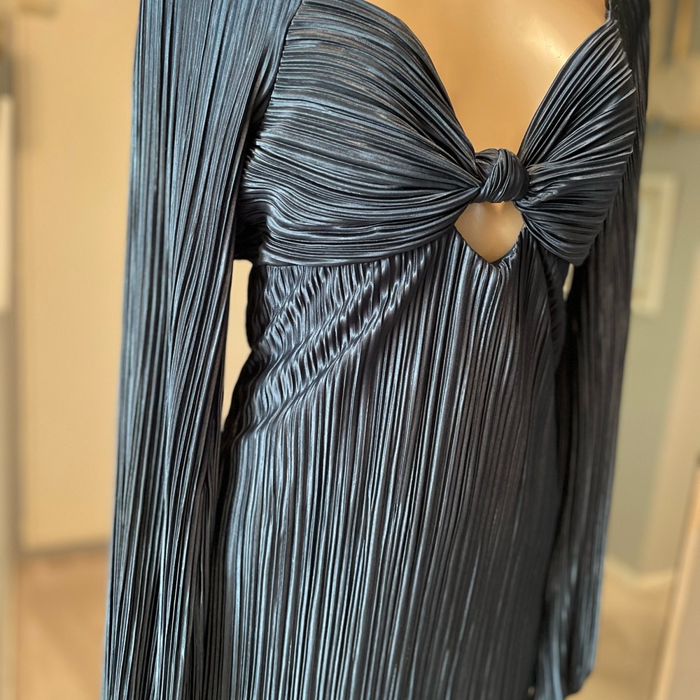 Baltic Born Shimmery Metallic Pleated midi small Dress Teal Peacock long sleeve